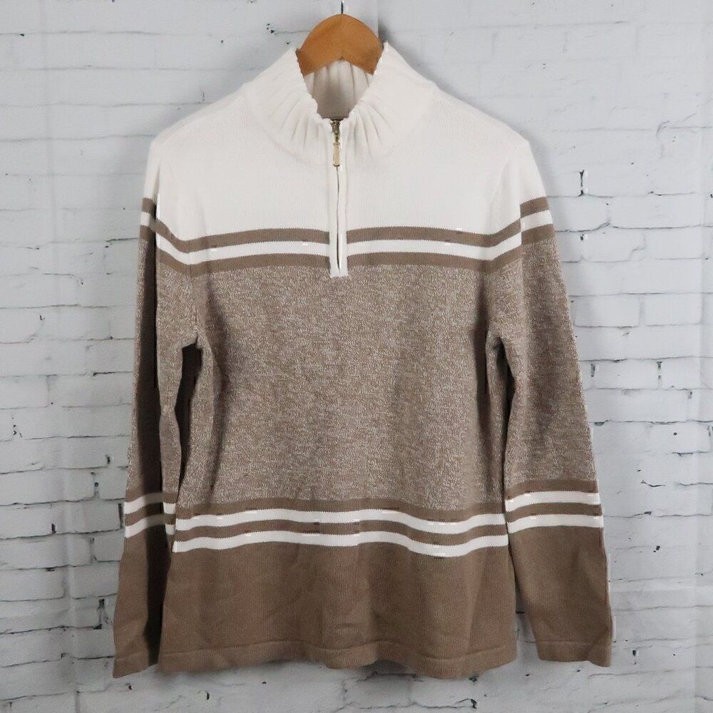 KAREN SCOTT TAN STRIPE LONG SLEEVE 1/4 ZIP UP PULL OVER SWEATER SIZE MEDIUM